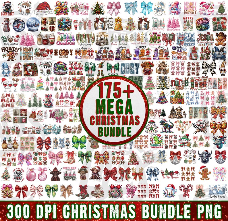 May include: A digital collection of 175+ Christmas-themed graphic designs featuring illustrations of Santa Claus, gnomes, reindeer, bows, trees, and festive text. The central red-bordered circle displays the text 175+ MEGA CHRISTMAS BUNDLE.