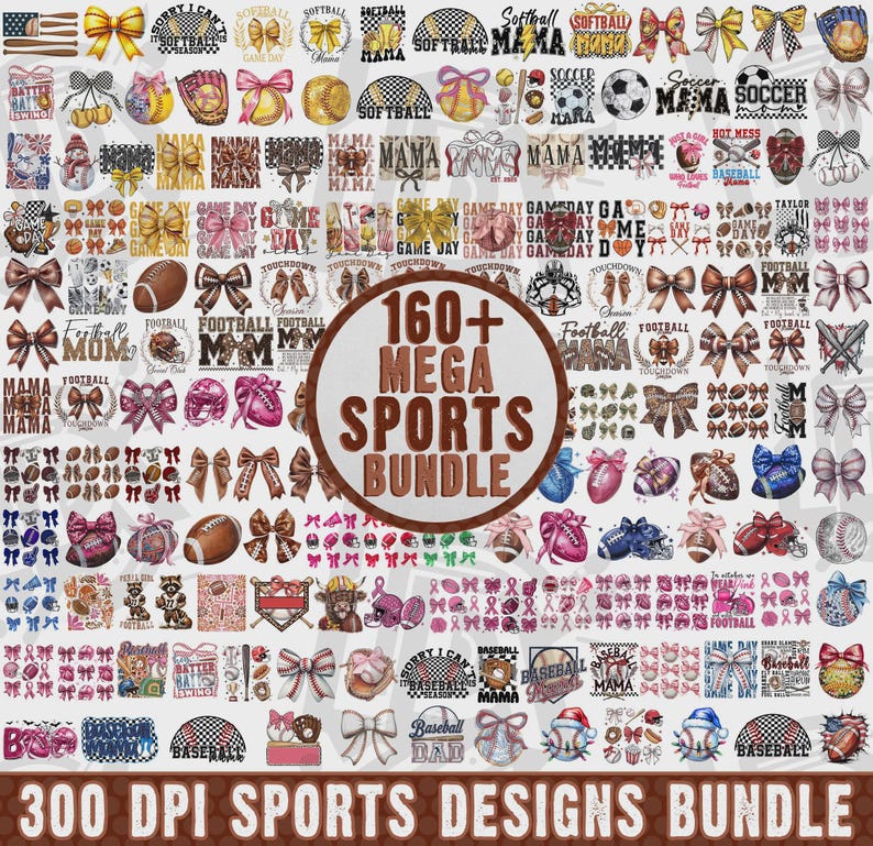 May include: A digital collection of 160+ sports-themed graphic designs featuring bows, baseballs, footballs, and soccer balls. The central text reads 160+ MEGA SPORTS BUNDLE, while the bottom text states 300 DPI SPORTS DESIGNS BUNDLE.