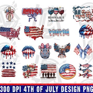 May include: A collection of patriotic designs for the 4th of July, featuring the American flag, lips, a hippo with a bow, an eagle, and the word "AMERICA". Includes the text "300 DPI 4TH OF JULY DESIGN PNG".