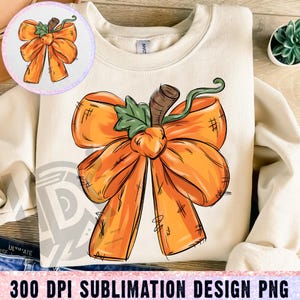 May include: A cream-coloured sweatshirt with a large orange bow design, brown stem, and green leaves. The bow has a sketched appearance with crosshatch details. The text "300 DPI SUBLIMATION DESIGN PNG" is at the bottom.