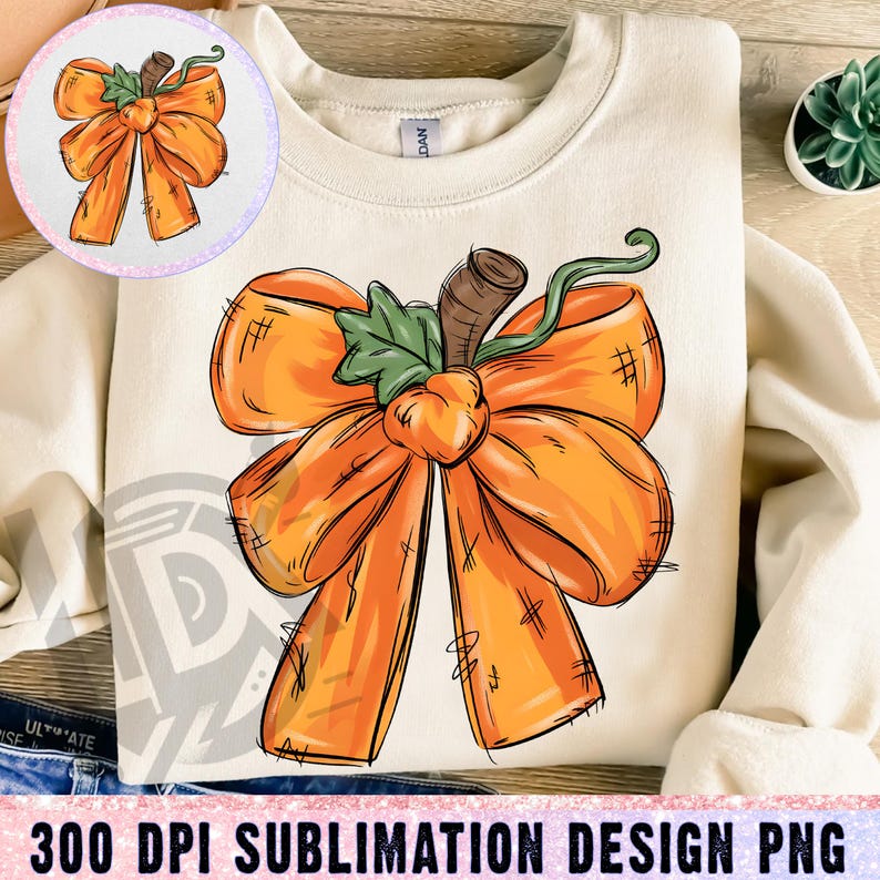 May include: A cream-coloured sweatshirt with a large orange bow design, brown stem, and green leaves. The bow has a sketched appearance with crosshatch details. The text "300 DPI SUBLIMATION DESIGN PNG" is at the bottom.