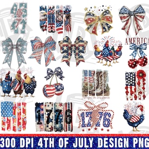 May include: A collection of patriotic designs featuring bows, cherries, roosters, and the American flag. The designs incorporate red, white, and blue colors with stars and stripes. Text includes "AMERICA", "1776", and "Just a girl who loves America".