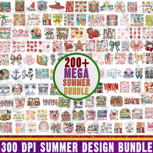 Puede incluir: Una colección de diseños digitales con temática de verano, que incluyen gráficos de escenas de playa, frutas, animales y texto. La imagen presenta el texto "200+ MEGA SUMMER BUNDLE" y "300 DPI SUMMER DESIGN BUNDLE".