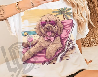 Goldendoodle-zomer png, hondzomer png, poedel met zonnebril png, strandhond png, tropische zomer png, schattige hond png, retro zomervibes