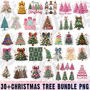 Puede incluir: Una colección de diseños de árboles de Navidad en varios estilos, incluyendo acuarela, estampados y decorados con lazos y adornos. La imagen incluye el texto "30+ CHRISTMAS TREE BUNDLE PNG" en la parte inferior.