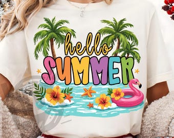 Hello Summer Png, Summer Vibes Png, Sublimation Designs, Palm and Sun Png, Trendy Summer Designs, Summer Png, Beach Png, Flamingo Png