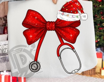 May include: A white design featuring a red bow, a red stethoscope, and a Santa hat adorned with string lights. The design is a festive combination of medical and holiday themes, perfect for Christmas.