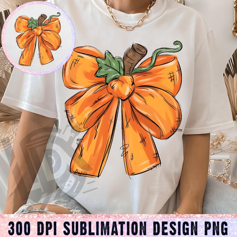 May include: White t-shirt with a large orange bow design, stem, and green leaf. The bow has a sketched appearance with black outlines. A smaller version of the bow is in a circle in the upper left. The text "300 DPI SUBLIMATION DESIGN PNG" is at the bottom.