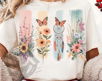 Boho Wildflowers Png, Boho Flowers Png, Dreamcatcher Png, Sublimation Designs, Butterfly Floral Shirt Png, Butterfly Png, Western Shirt Png
