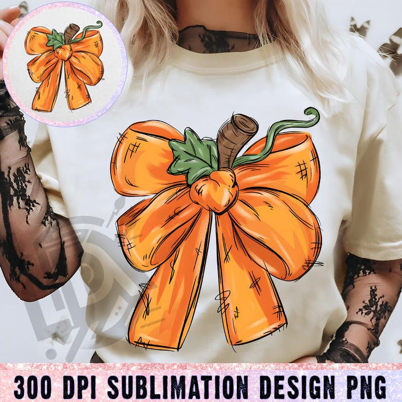 May include: A cream-coloured t-shirt with a large, orange bow design, stem, and green leaf. The bow has a sketched outline and cross-hatch details. A smaller, circular version of the bow is in the upper left. The text "300 DPI SUBLIMATION DESIGN PNG" is at the bottom.