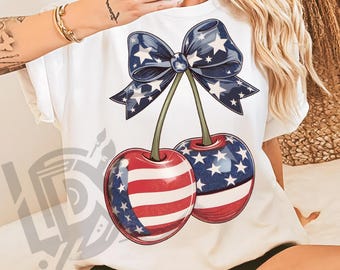 Retro America Coquette Png, Cherry Coquette Bow Png, Trendy America Png, 4th of July Png, Memorial Day Png, Girly USA Png, Retro Shirt Png