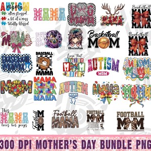 Pu&ograve; includere: Un download digitale di 20 design a tema Festa della Mamma con grafica e testo colorati. I design includono frasi come "Autism Mama", "Baseball Mama", "Football Mama" e "This Mama Loves Her Peeps".