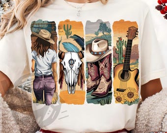 Western Cowgirl Png, Cowboy Boots Png, Cowprint Png, Western Turquoise Png, Sunflower Png, Country Png, Bull Skull Png, Guitar Western Png