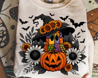Patchwork Ghost Png, Spooky Ghost Png, Ghost With Black Witch Hat Png, Halloween Ghost Png, Spooky Season Png, Patchwork Halloween Png