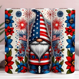 4th Of July Gnome png, 20 oz Skinny Tumbler, Sublimation PNG, Red and White Gnome, American Gnome Tumbler Wrap, 4th Of July Tumbler png