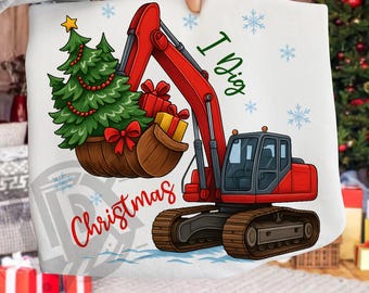 Puede incluir: Un diseño navideño blanco con una excavadora roja con un árbol de Navidad y regalos en su cucharón. El texto "I Dig Christmas" está escrito en verde y rojo. Hay copos de nieve esparcidos.