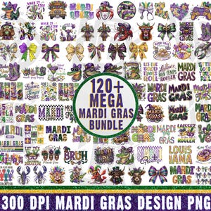 May include: A digital collection of over 120 Mardi Gras themed graphic designs featuring illustrations of alligators, lobsters, bows, boots, and text like Mardi Gras, Laissez Les Bons Temps Rouler, and NOLA, all in purple, green, and gold colors.
