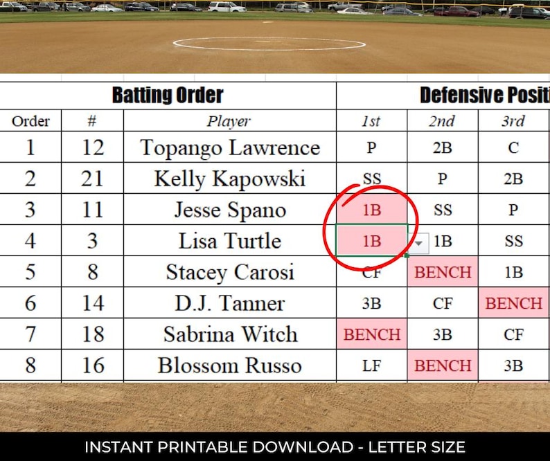 Softball Dugout Sheet Excel Template | Little League Lineup & Position ...