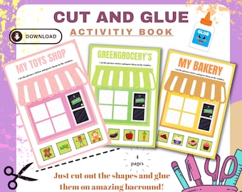 Shop Cut and Paste Activity: 3-Page Printable Sorting Worksheets for Toddlers, Scissor Skills Practice