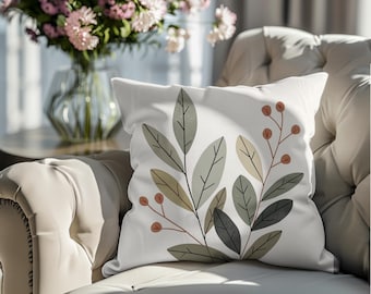 Sage Green Leaf Pillow Cover | Terracotta Berry Branch Throw Pillow | Neutral Boho Farmhouse Botanical Cushion 18x18