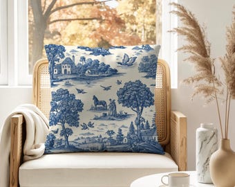 Blue Toile Throw Pillow | Farmhouse Scenic Toile Cushion | Boho Living Room Couch Pillow | Housewarming Gift | 18x18 20x20