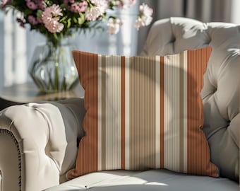 Terracotta Stripe Pillow Cover | Neutral Vertical Stripe Throw Pillow | Boho Farmhouse Cloud & Terra Accent Cushion 18x18