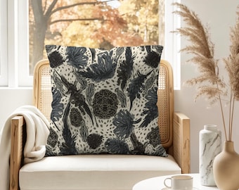 Monochrome Botanical Mandala Throw Pillow Cover | Black White Boho Cushion | Farmhouse Living Room Decor | Housewarming Gift | 18x18 20x20