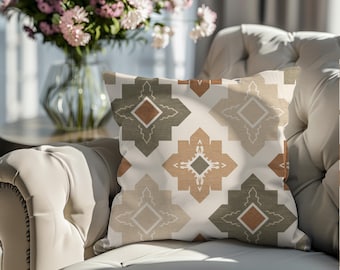Terracotta Diamond Pillow Cover | Boho Geometric Floral Diamond Throw Pillow | Neutral Farmhouse Sage Accent Cushion 18x18