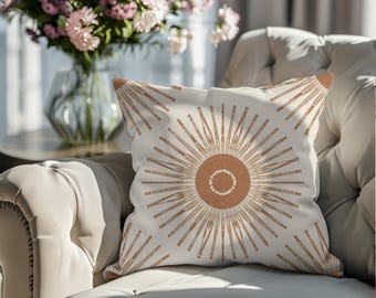 Terracotta Sunburst Pillow Cover | Boho Starburst Geometric Throw Pillow | Neutral Farmhouse Sun Ray Accent Cushion 18x18