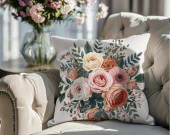 Blush Floral Bouquet Throw Pillow Cover | Neutral Boho Farmhouse Pillow 18x18 20x20 Decorative Cushion