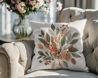 Terracotta Dried Floral Pillow Cover | Sage Pinecone Berry Bouquet Throw Pillow | Neutral Boho Farmhouse Cloud & Terra Accent Cushion 18x18