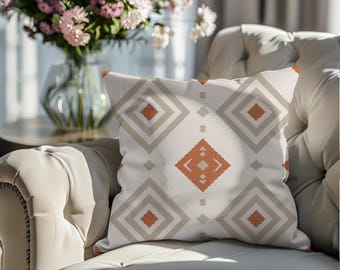 Terracotta Diamond Pillow Cover | Boho Geometric Lattice Throw Pillow | Neutral Farmhouse Sage Accent Cushion 18x18