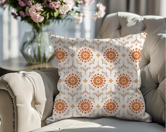 Boho Terracotta Throw Pillow Cover - Burnt Orange Medallion Pattern Pillow - Bohemian Decorative Cushion Case 18x18