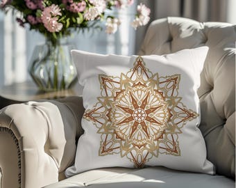 Boho Mandala Pillow Cover | Terracotta Gold Geometric Throw Pillow | Neutral Earthy Mandala Accent Cushion 18x18