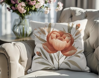 Terracotta Peony Pillow Cover | Large Boho Floral Throw Pillow | Sage Green Botanical Accent Cushion 18x18
