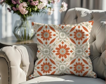 Terracotta Floral Tile Pillow Cover | Boho Medallion Throw Pillow | Neutral Farmhouse Sage Accent Cushion 18x18