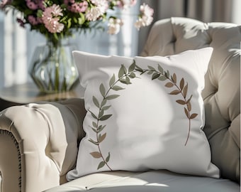 Sage Leaf Wreath Pillow Cover | Terracotta Boho Arch Throw Pillow | Neutral Farmhouse Botanical Cushion 18x18