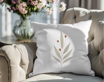 Minimalist Sage Green Botanical Leaf Pillow Cover | Terracotta Berry Branch Throw Pillow | Neutral Boho Modern Home Decor 18x18