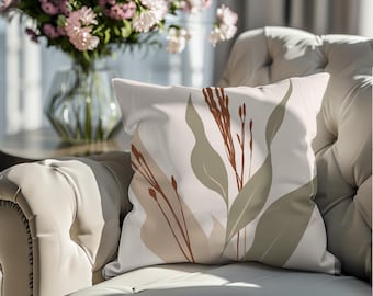 Sage Green Leaf Pillow Cover | Terracotta Botanical Branch Throw Pillow | Neutral Boho Farmhouse Cloud & Terra Accent Cushion 18x18