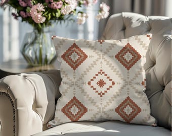 Terracotta Sage Diamond Pillow Cover | Boho Ikat Geometric Throw Pillow | Neutral Farmhouse Accent Cushion 18x18
