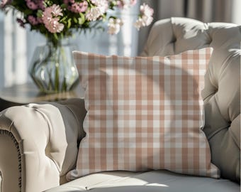 Neutral Gingham Pillow Cover | Beige Taupe Check Throw Pillow | Boho Farmhouse Cloud & Terra Accent Cushion 18x18