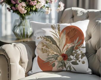 Terracotta Dried Floral Pillow Cover | Boho Sage Botanical Bouquet Throw Pillow | Neutral Farmhouse Cloud & Terra Accent Cushion 18x18