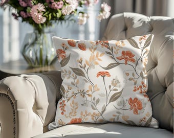 Terracotta Floral Pillow Cover, Botanical Throw Pillow 18x18, Orange Green Beige Floral Pattern Cushion, Modern Farmhouse Sofa Decor