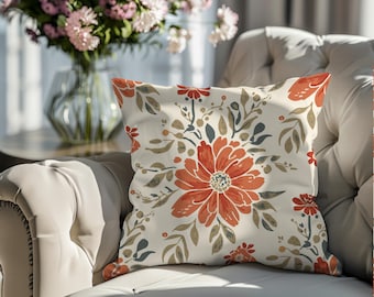 Terracotta Floral Pillow Cover | Large Boho Red Orange Flower Throw Pillow | Sage Green Neutral Farmhouse Cushion 18x18