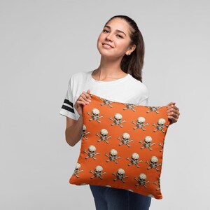 Throw Pillow, Halloween Skull and Bones Art Square Pillow, Unique Fun Pattern Home Decor, Spooky Skeleton Cushion, Gothic Accent Pillow,
