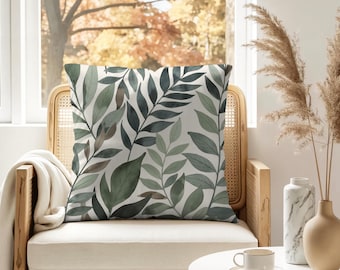 Green Watercolor Leaves Throw Pillow | Botanical Home Decor Cushion | Boho Farmhouse Living Room Pillow | Housewarming Gift