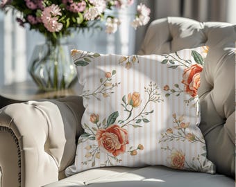 Neutral Boho Floral Stripe Throw Pillow Cover | Cloud Dancer Farmhouse Pillow 18x18 20x20 Decorative Cushion