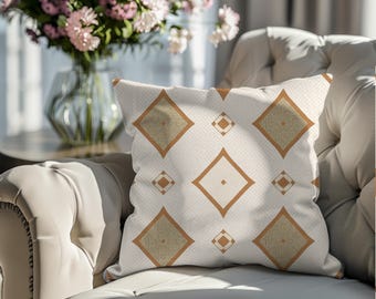 Terracotta Diamond Pillow Cover | Boho Geometric Lattice Throw Pillow | Neutral Farmhouse Sage Accent Cushion 18x18