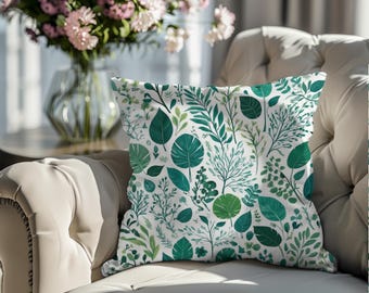 Green Watercolor Leaves Pillow Cover | Botanical Boho Throw Pillow 18x18 20x20 | Farmhouse Living Room Decor | Housewarming Gift