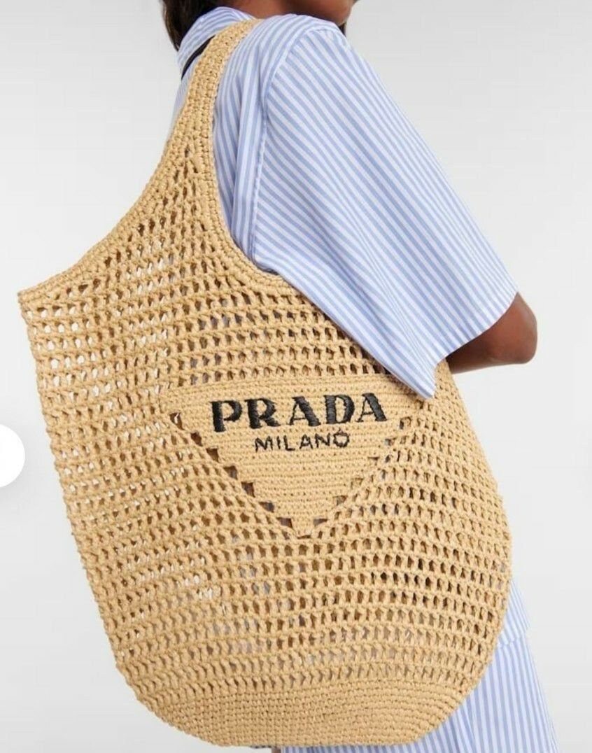 Prada raffia tote bag Cedar logo crochet yellow 37×36×3cm with guarantee  card